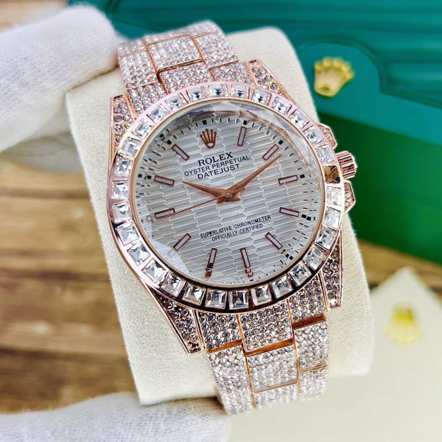 Rolex Full Stone Watch – Diamond Glass, Radium Digits, Butterfly Lock