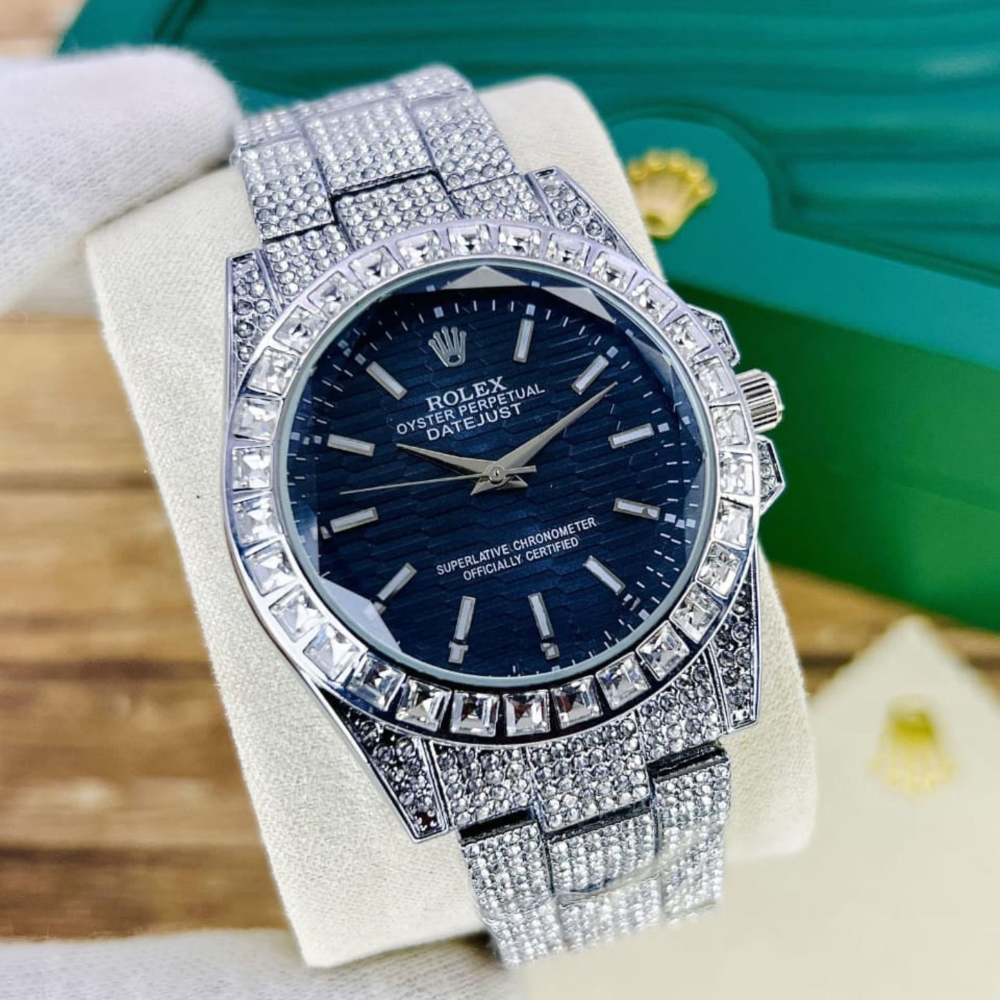 Rolex Full Stone Watch – Diamond Glass, Radium Digits, Butterfly Lock