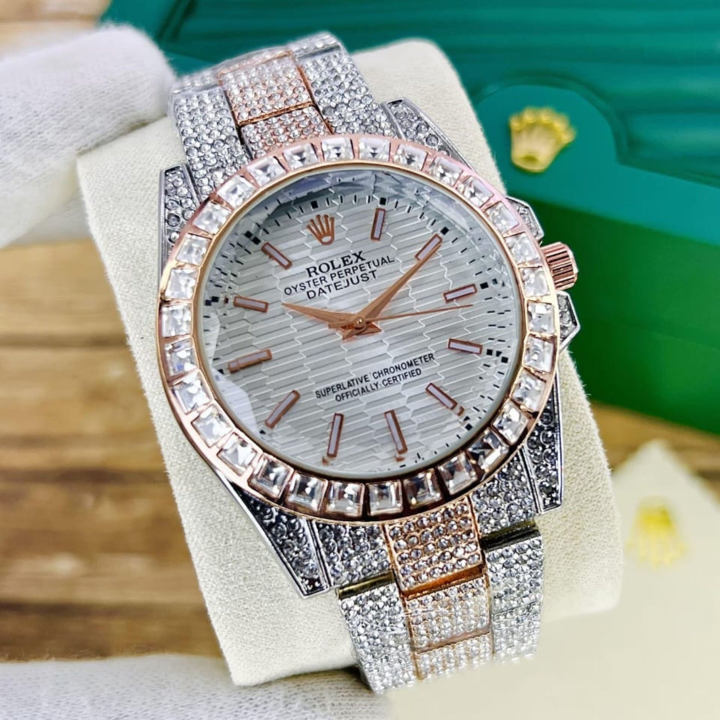 Rolex Full Stone Watch – Diamond Glass, Radium Digits, Butterfly Lock