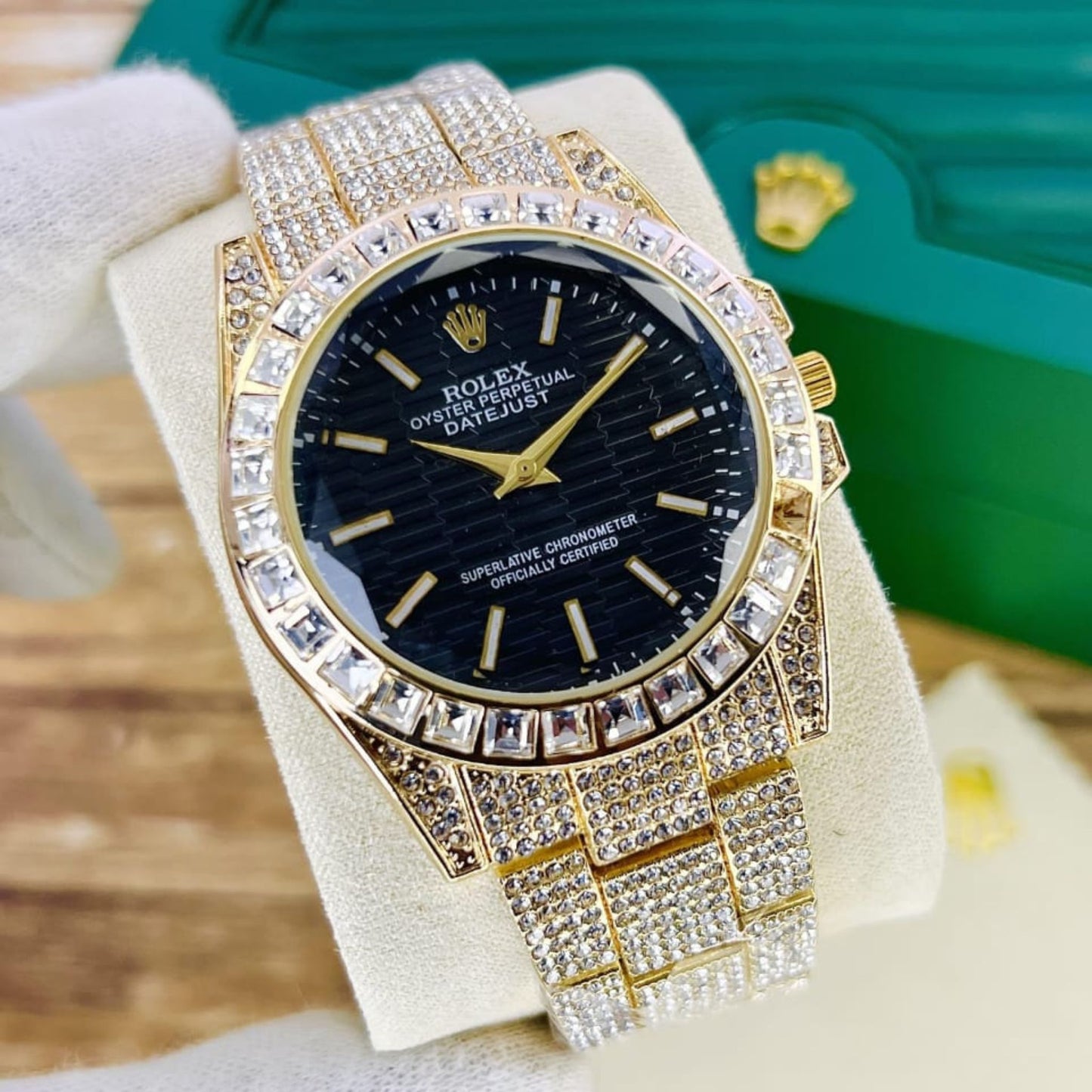 Rolex Full Stone Watch – Diamond Glass, Radium Digits, Butterfly Lock