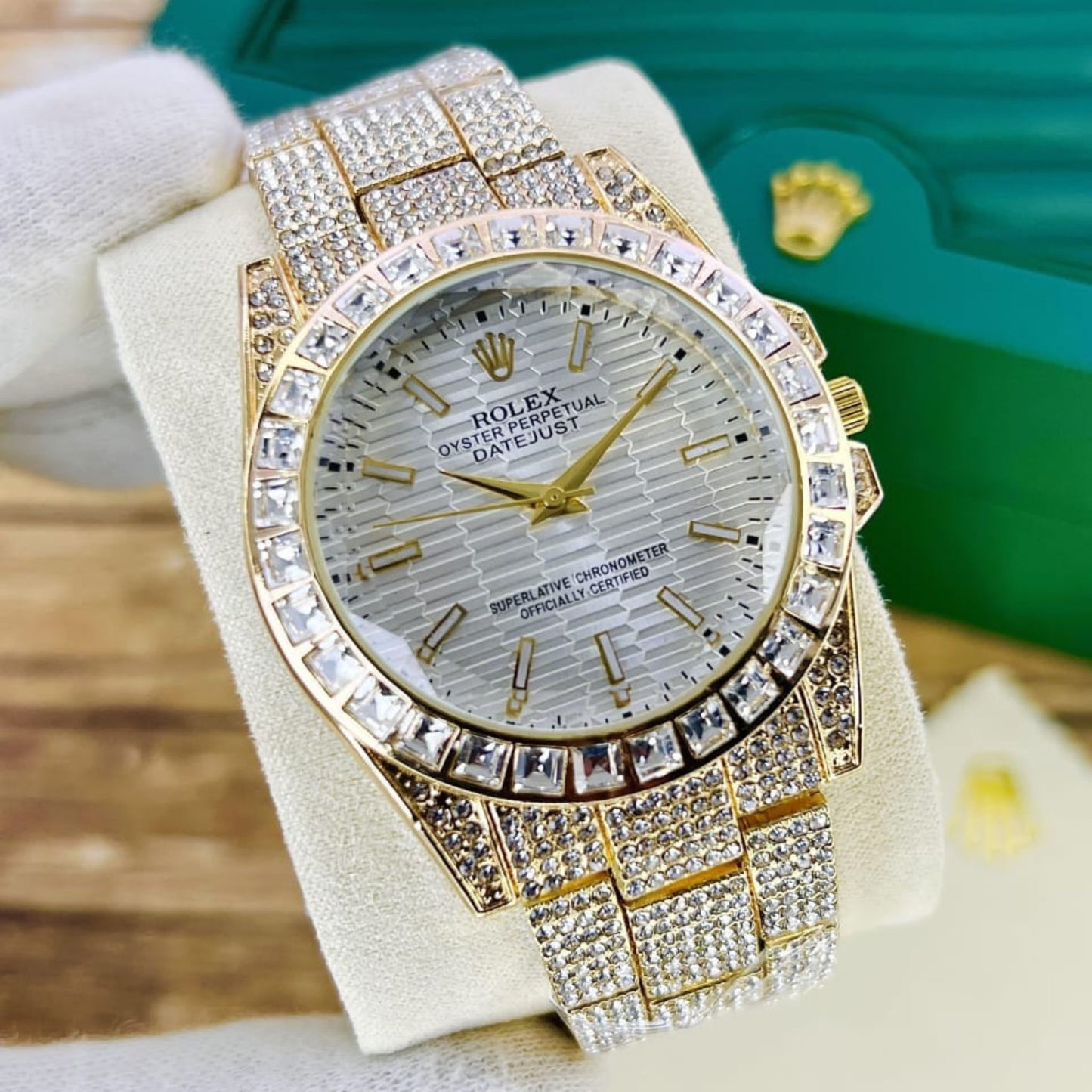 Rolex Full Stone Watch – Diamond Glass, Radium Digits, Butterfly Lock