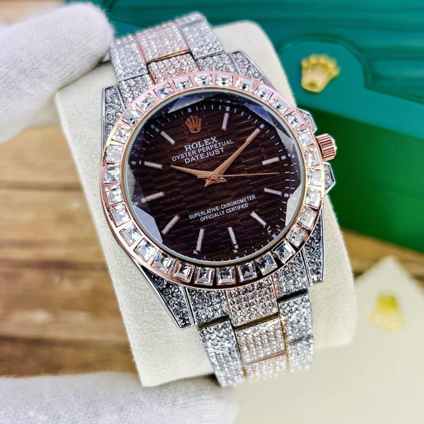 Rolex Full Stone Watch – Diamond Glass, Radium Digits, Butterfly Lock