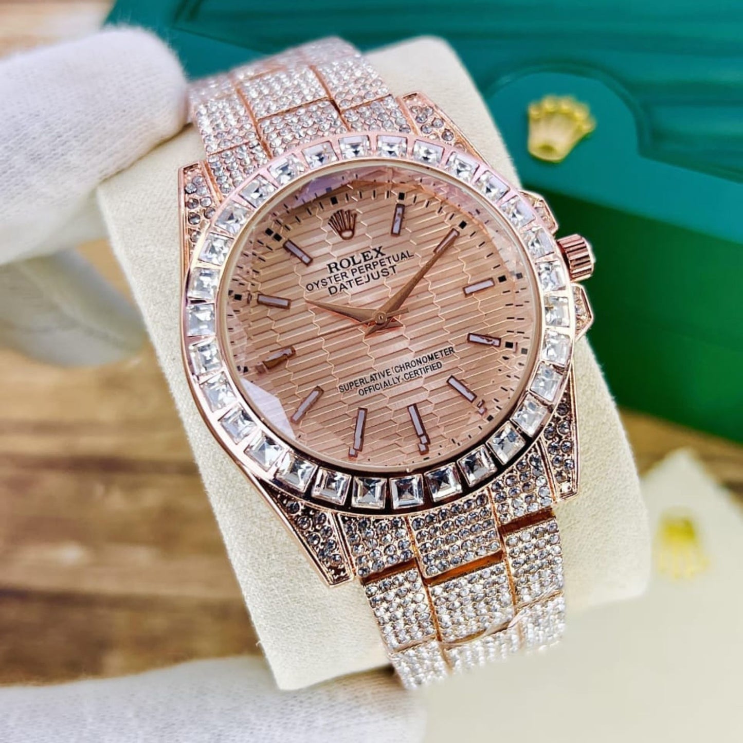 Rolex Full Stone Watch – Diamond Glass, Radium Digits, Butterfly Lock